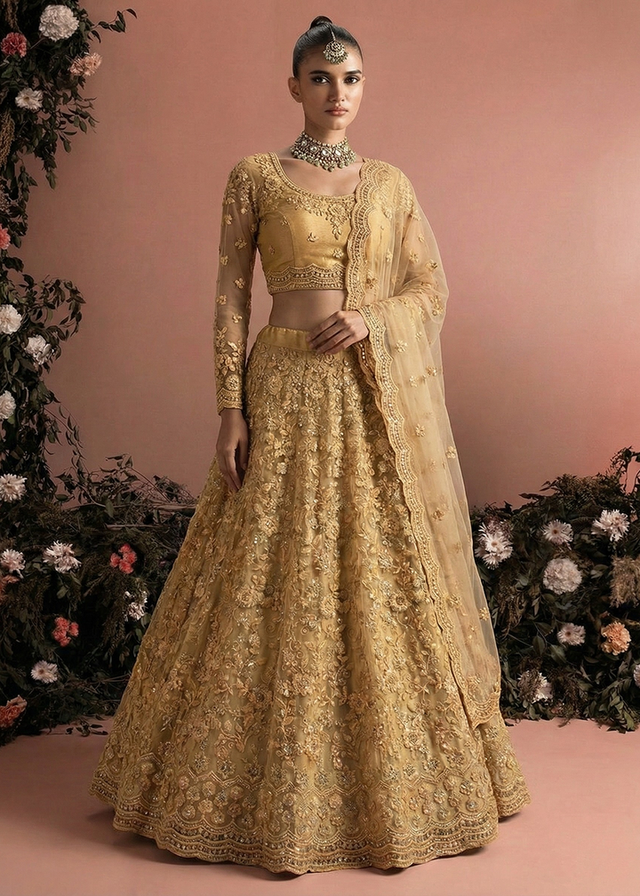 Buy Now Awesome Golden Heavy Net Embroidered Bridal Lehenga Choli Online in USA, UK, France, Canada, Italy, Sweden, Greece, UAE & Worldwide at Empress Clothing.