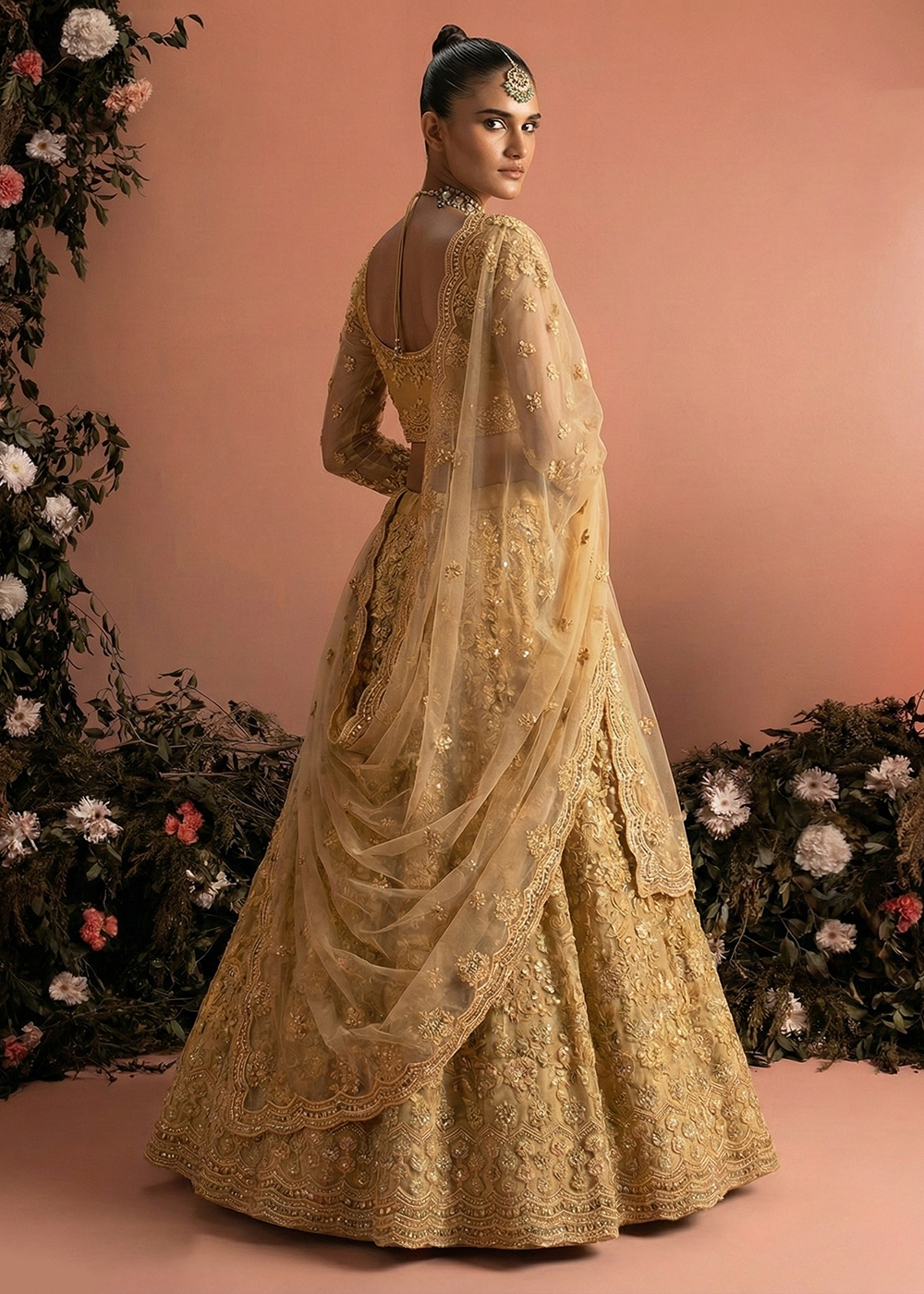 Buy Now Awesome Golden Heavy Net Embroidered Bridal Lehenga Choli Online in USA, UK, France, Canada, Italy, Sweden, Greece, UAE & Worldwide at Empress Clothing.
