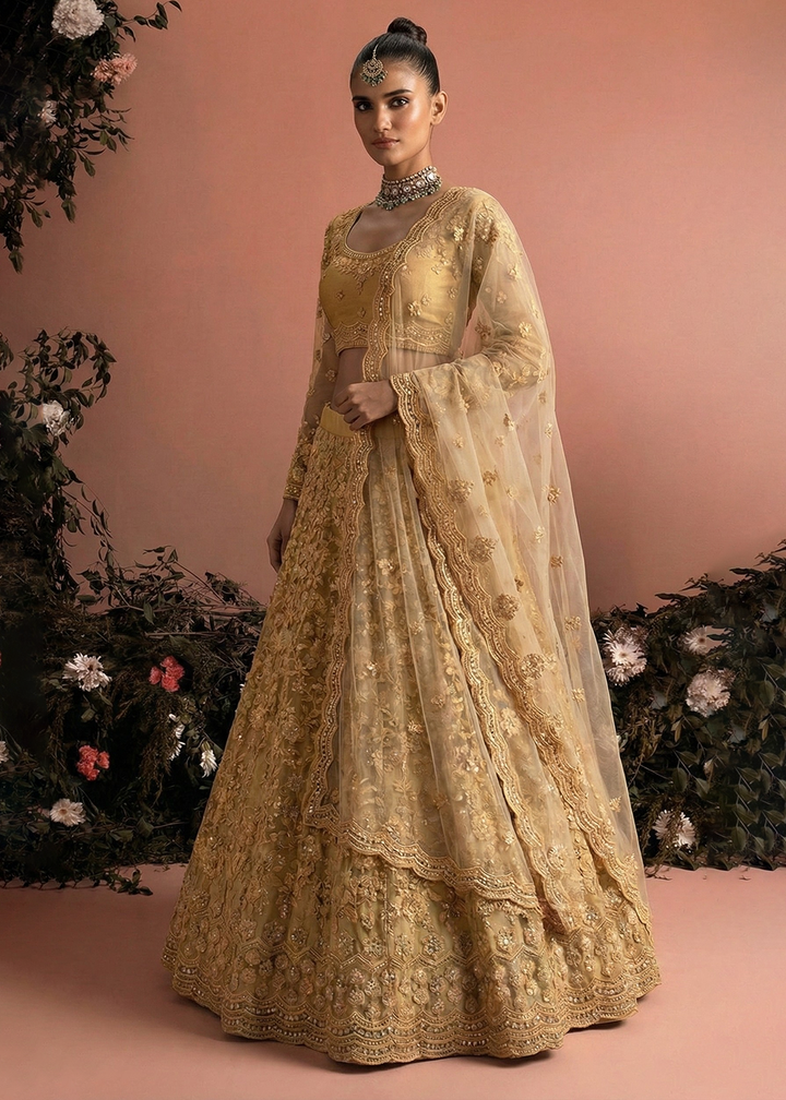 Buy Now Awesome Golden Heavy Net Embroidered Bridal Lehenga Choli Online in USA, UK, France, Canada, Italy, Sweden, Greece, UAE & Worldwide at Empress Clothing.