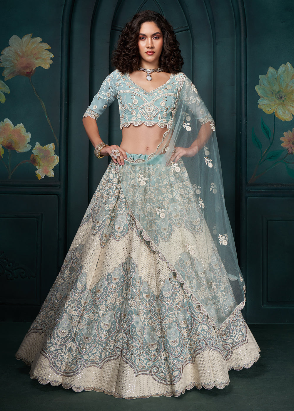 Buy Now Firozi Blue Cording Embroidered Wedding Lehenga Choli Online in USA, UK, Canada, UAE & Worldwide at Empress Clothing