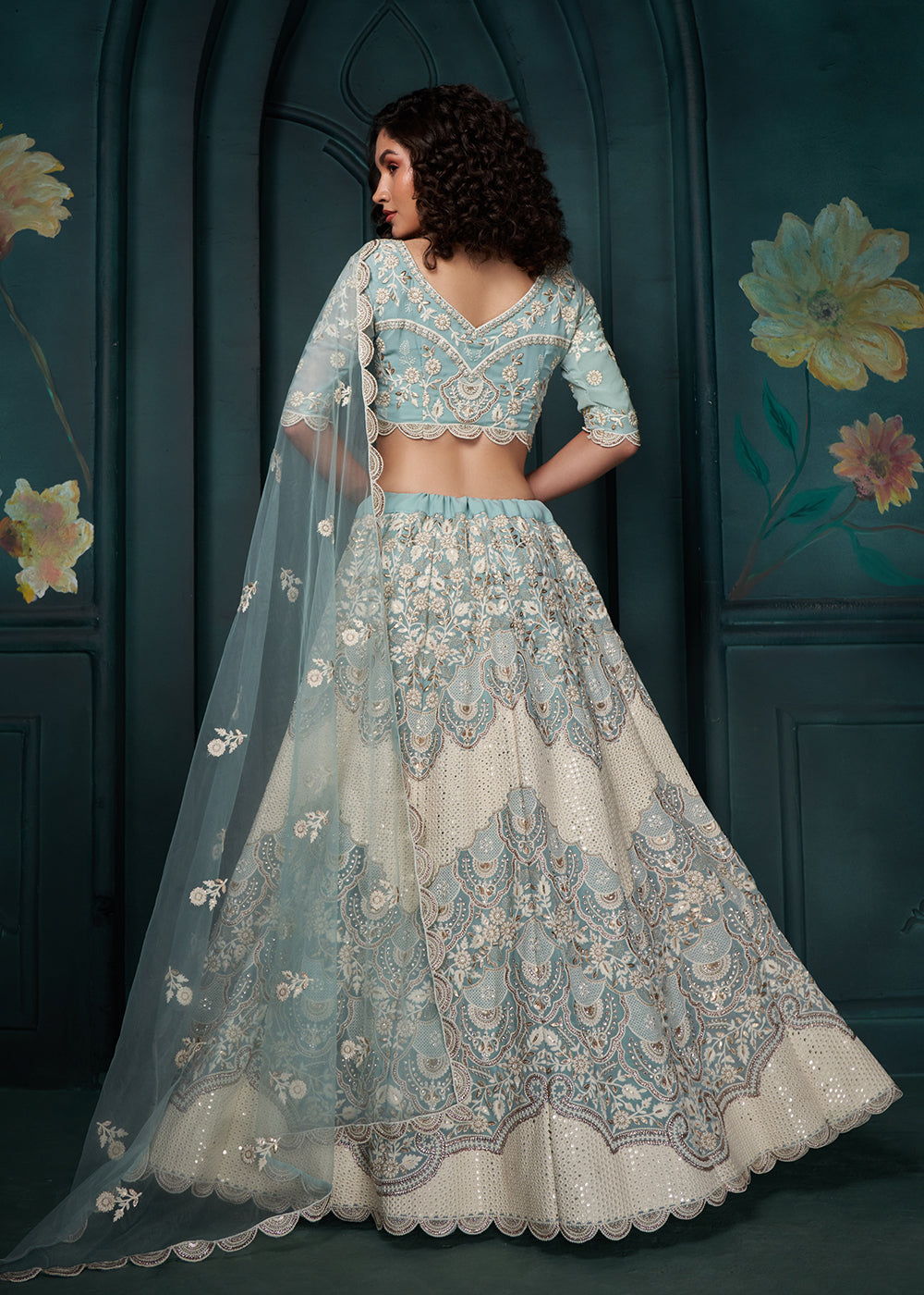 Buy Now Firozi Blue Cording Embroidered Wedding Lehenga Choli Online in USA, UK, Canada, UAE & Worldwide at Empress Clothing