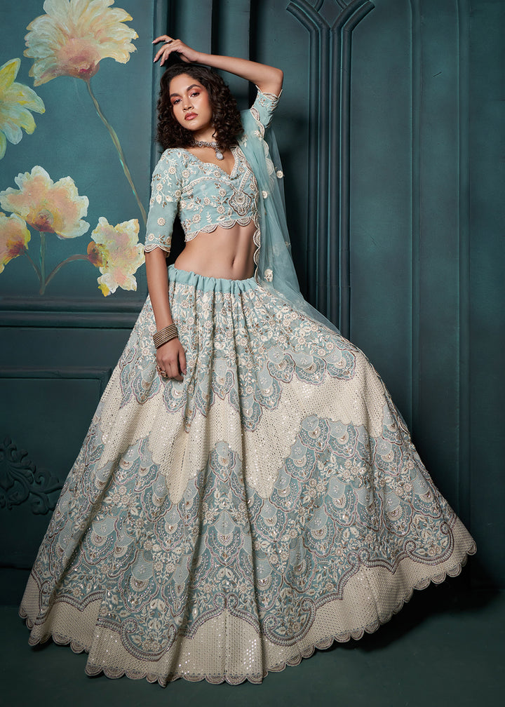 Buy Now Firozi Blue Cording Embroidered Wedding Lehenga Choli Online in USA, UK, Canada, UAE & Worldwide at Empress Clothing