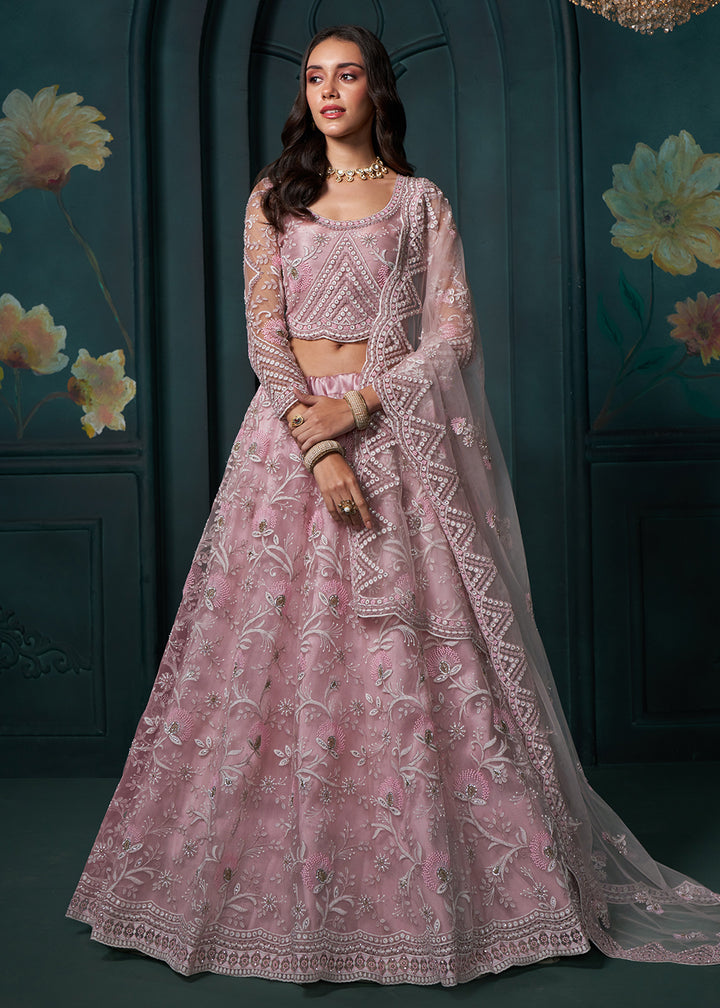 Buy Now Dusty Pink Cording Embroidered Wedding Lehenga Choli Online in USA, UK, Canada, UAE & Worldwide at Empress Clothing. 