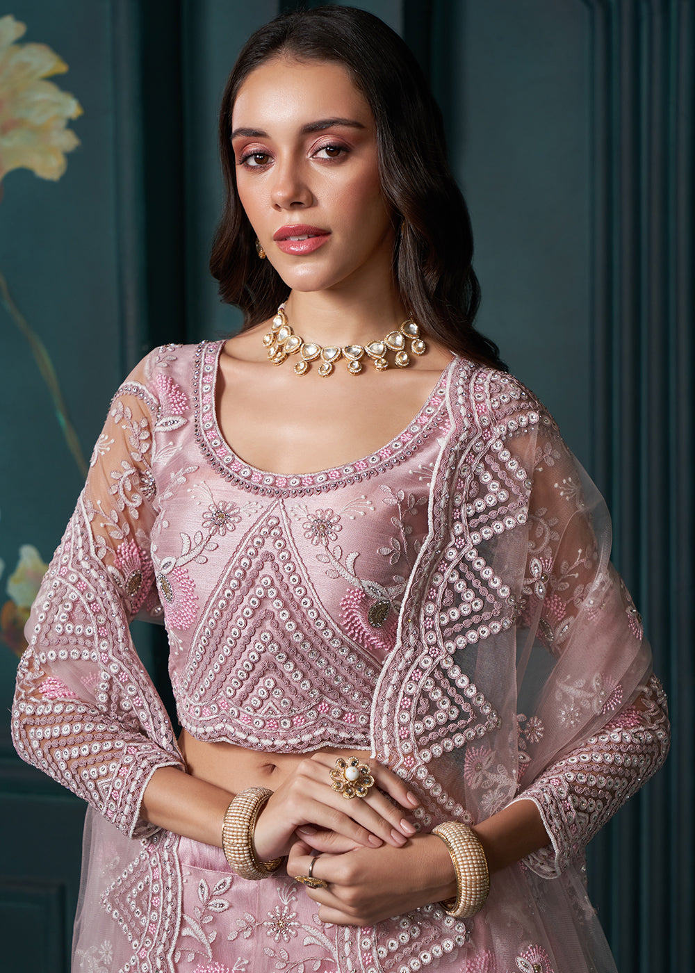 Buy Now Dusty Pink Cording Embroidered Wedding Lehenga Choli Online in USA, UK, Canada, UAE & Worldwide at Empress Clothing. 