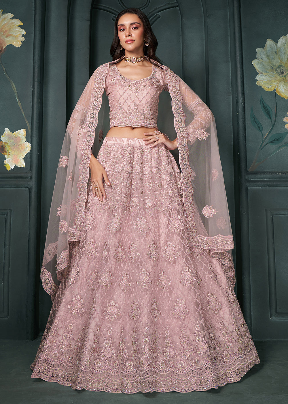 Rani Pink Heavy Embroidery Work Net Lehengha Choli,Indian Wedding Wear Embroidery Custom Stitched buying Lehenga With Dupatta