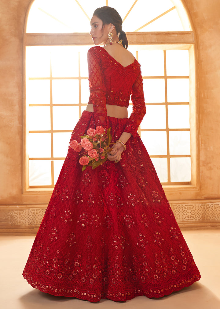 Buy Now Lovely Red Heavy Net Embroidered Bridal Lehenga Choli Online in USA, UK, France, UAE & Worldwide at Empress Clothing.