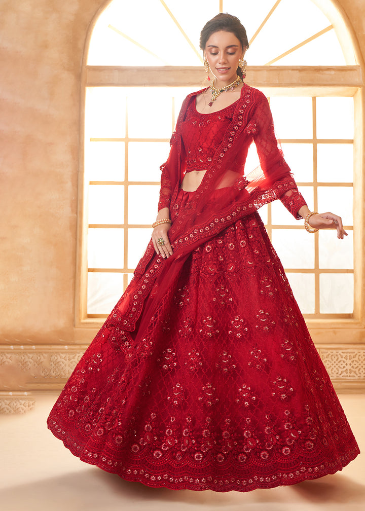 Buy Now Lovely Red Heavy Net Embroidered Bridal Lehenga Choli Online in USA, UK, France, UAE & Worldwide at Empress Clothing.