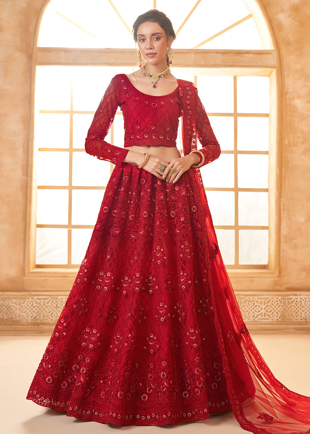 Buy Now Lovely Red Heavy Net Embroidered Bridal Lehenga Choli Online in USA, UK, France, UAE & Worldwide at Empress Clothing.