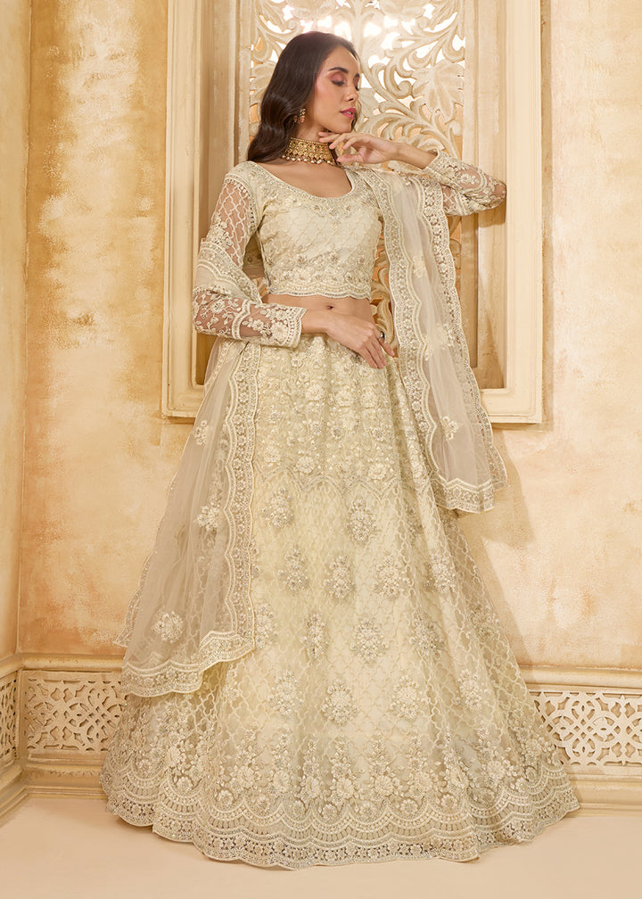 Buy Now Lovely Cream Heavy Net Embroidered Bridal Lehenga Choli Online in USA, UK, France, UAE & Worldwide at Empress Clothing. 