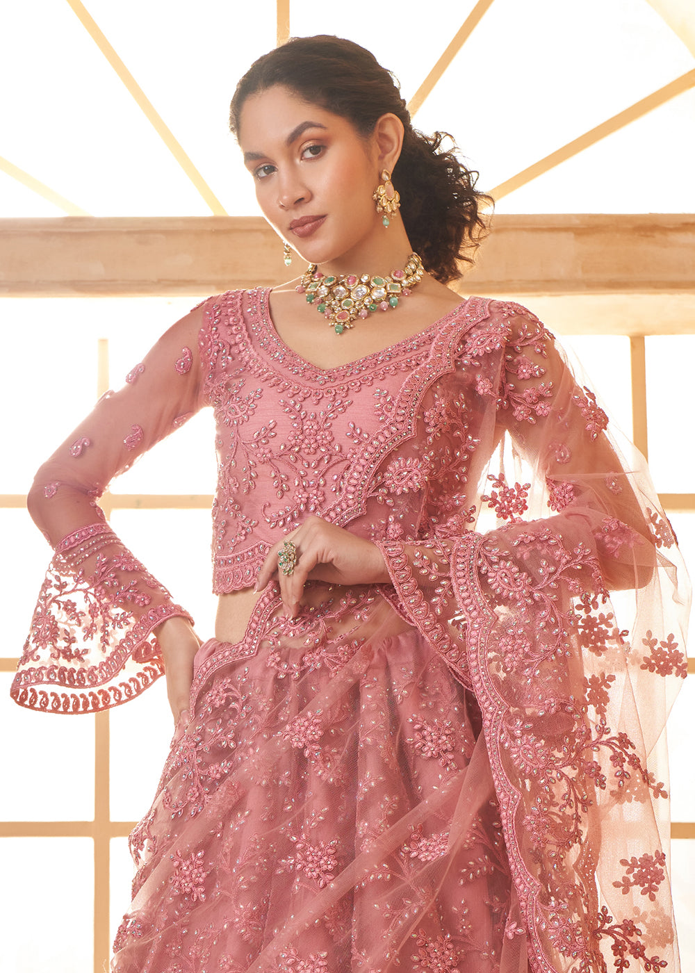 Buy Now Awesome Pink Heavy Net Embroidered Bridal Lehenga Choli Online in USA, UK, France, UAE & Worldwide at Empress Clothing. 