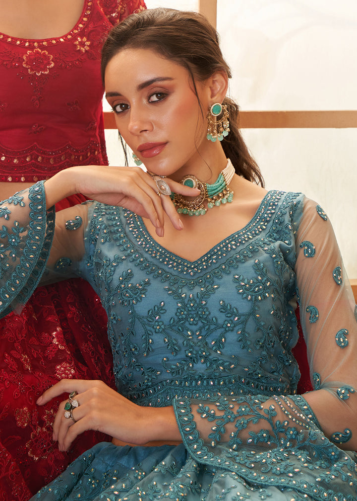 Buy Now Awesome Blue Heavy Net Embroidered Bridal Lehenga Choli Online in USA, UK, France, UAE & Worldwide at Empress Clothing. 