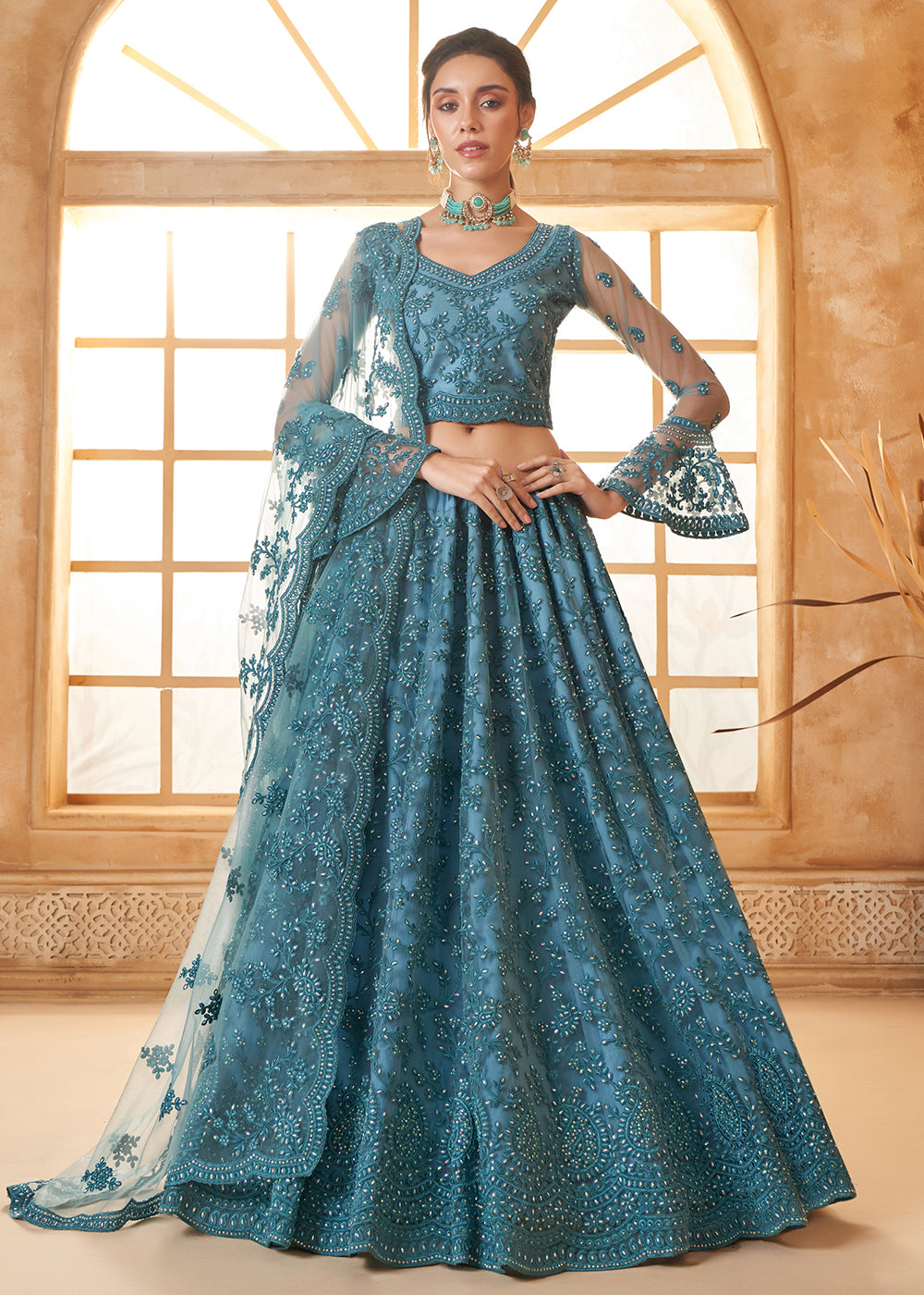 Buy Now Awesome Blue Heavy Net Embroidered Bridal Lehenga Choli Online in USA, UK, France, UAE & Worldwide at Empress Clothing. 