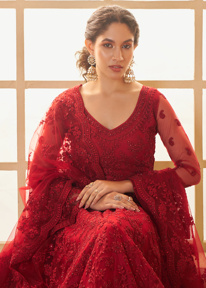 Buy Now Awesome Red Heavy Net Embroidered Bridal Lehenga Choli Online in USA, UK, France, UAE & Worldwide at Empress Clothing.