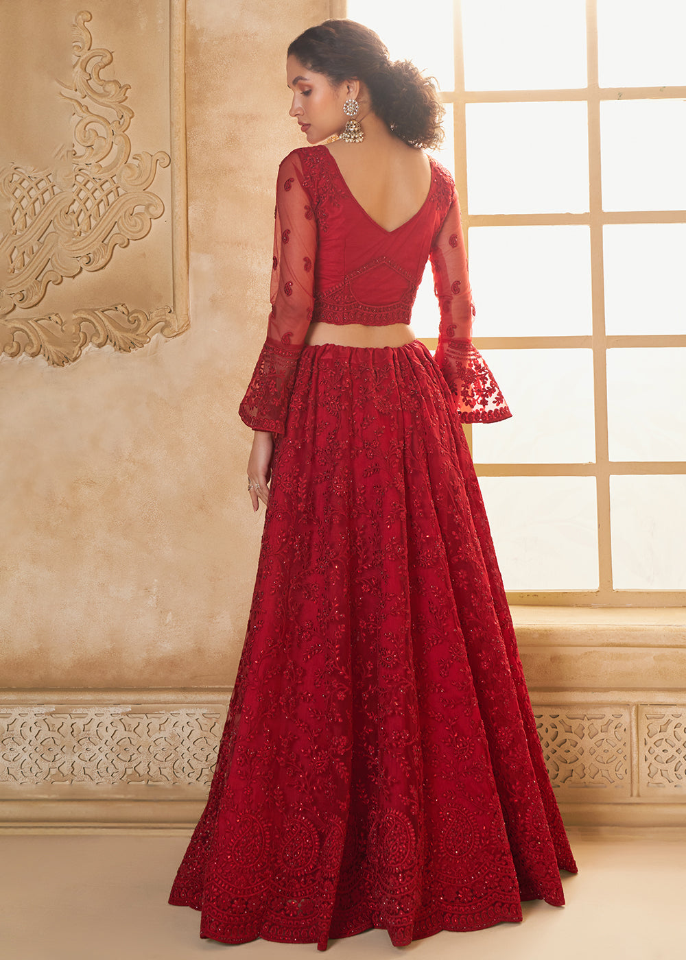 Buy Now Awesome Red Heavy Net Embroidered Bridal Lehenga Choli Online in USA, UK, France, UAE & Worldwide at Empress Clothing.