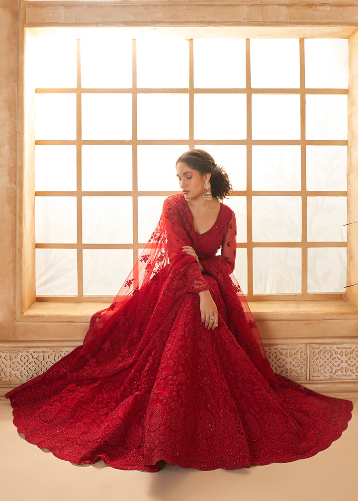 Buy Now Awesome Red Heavy Net Embroidered Bridal Lehenga Choli Online in USA, UK, France, UAE & Worldwide at Empress Clothing.