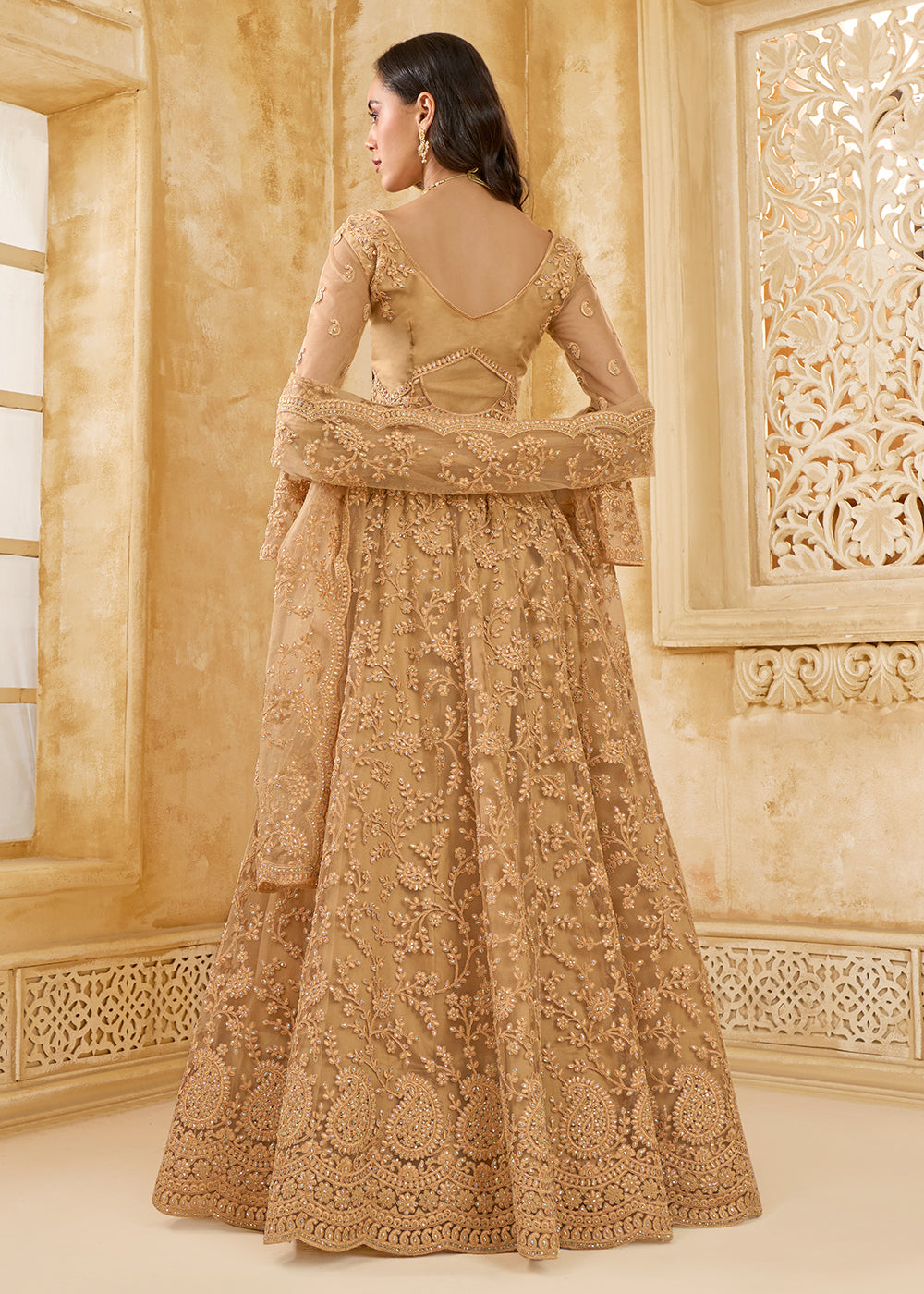 Buy Now Awesome Golden Heavy Net Embroidered Bridal Lehenga Choli Online in USA, UK, France, UAE & Worldwide at Empress Clothing.