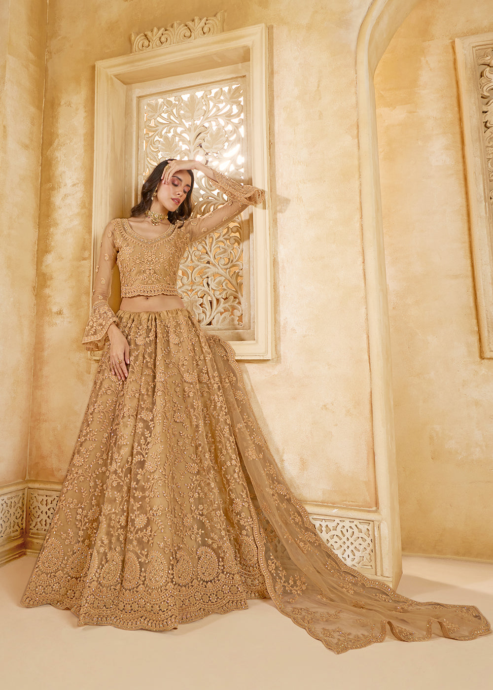 Bridal Lehenga US Awesome Golden Heavy Net Embroidered Lehenga