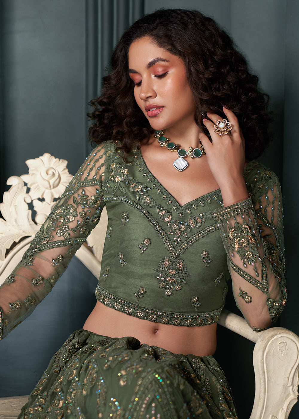 Buy Now Heritage Green Beautifully Embroidered Bridal Lehenga Choli Online in USA, UK, Canada & Worldwide at Empress Clothing. 