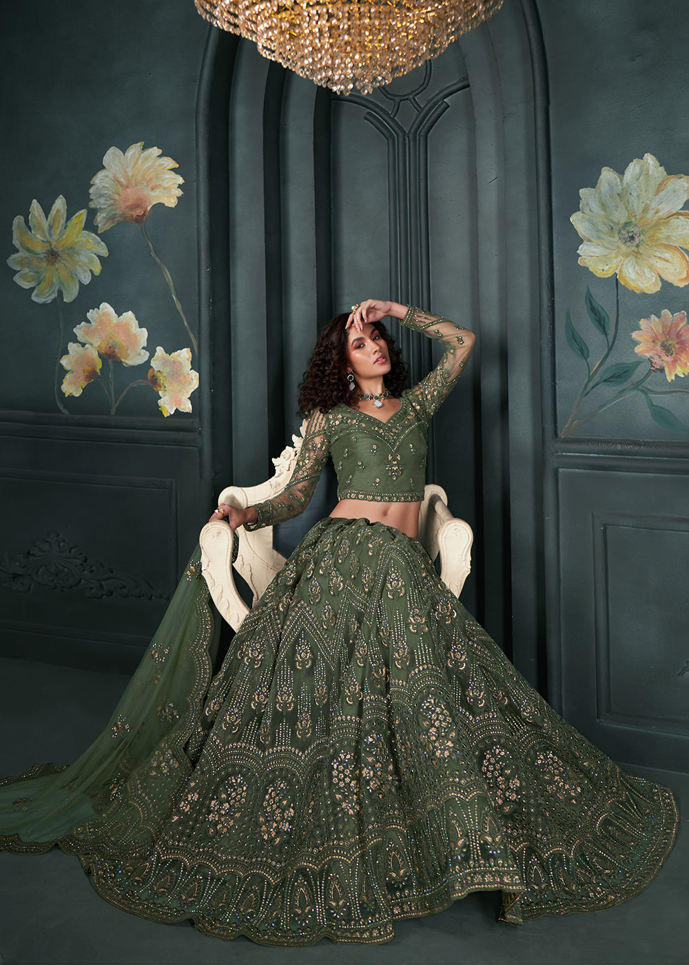 Buy Now Heritage Green Beautifully Embroidered Bridal Lehenga Choli Online in USA, UK, Canada & Worldwide at Empress Clothing. 