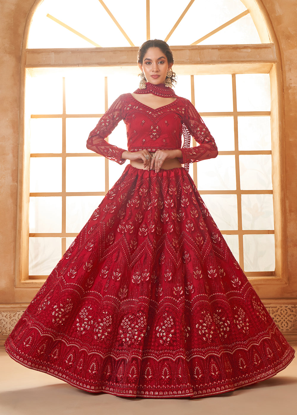 Buy Now Gorgeous Red Heavy Net Embroidered Bridal Lehenga Choli Online in USA, UK, France, UAE & Worldwide at Empress Clothing. 