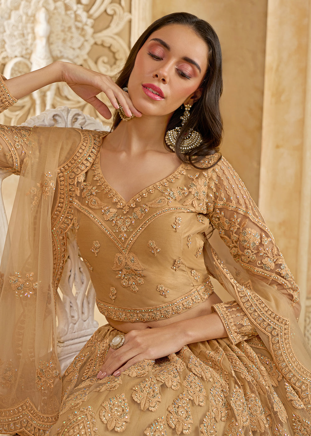 Buy Now Gorgeous Golden Heavy Net Embroidered Bridal Lehenga Choli Online in USA, UK, France, UAE & Worldwide at Empress Clothing. 