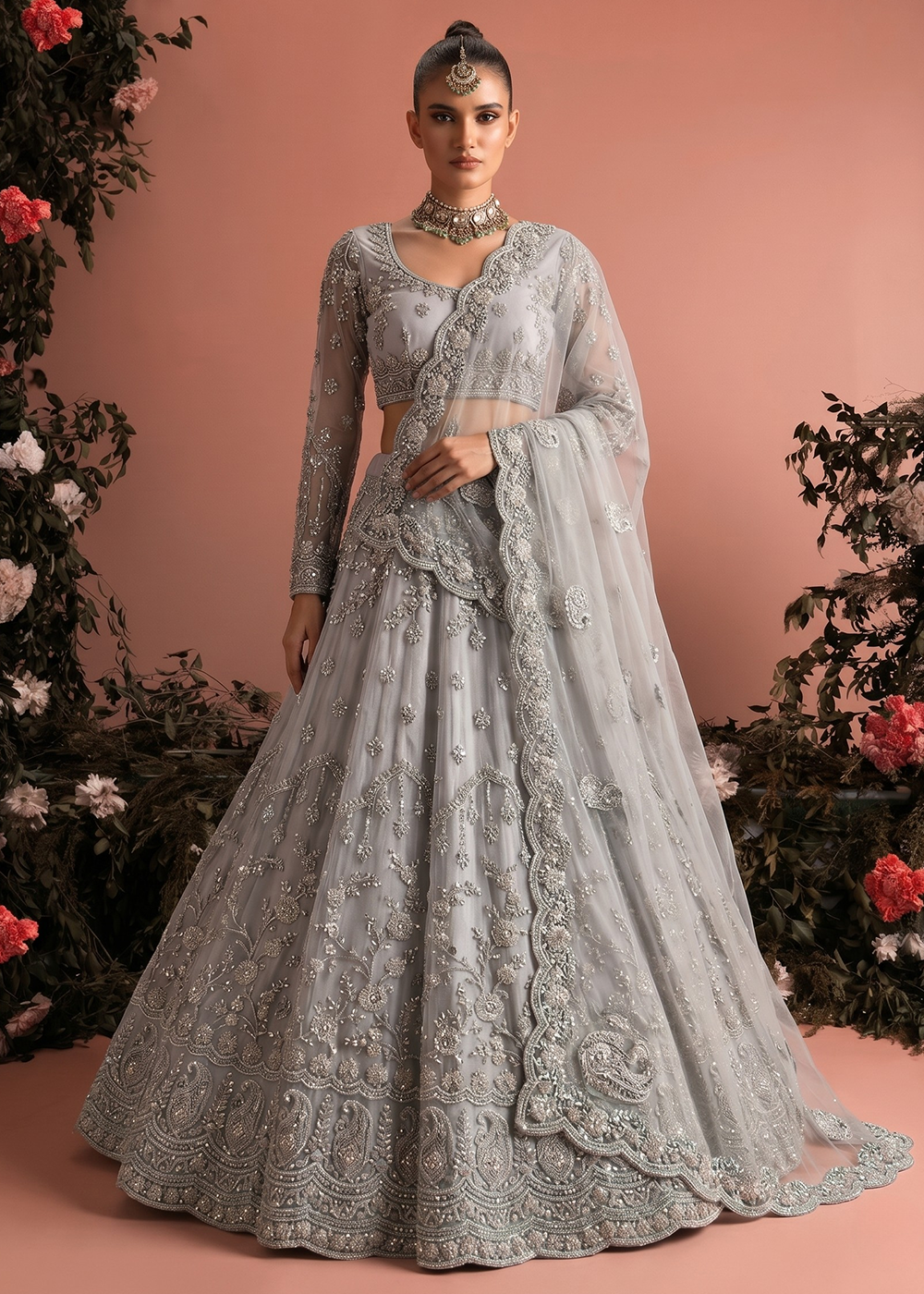Buy Now Grey Butterfly Net Heavy Wedding Style Lehenga Choli Online in US, UK, Canada, France, Italy, Germany, Australia, Greece, UAE & Worldwide at Empress.