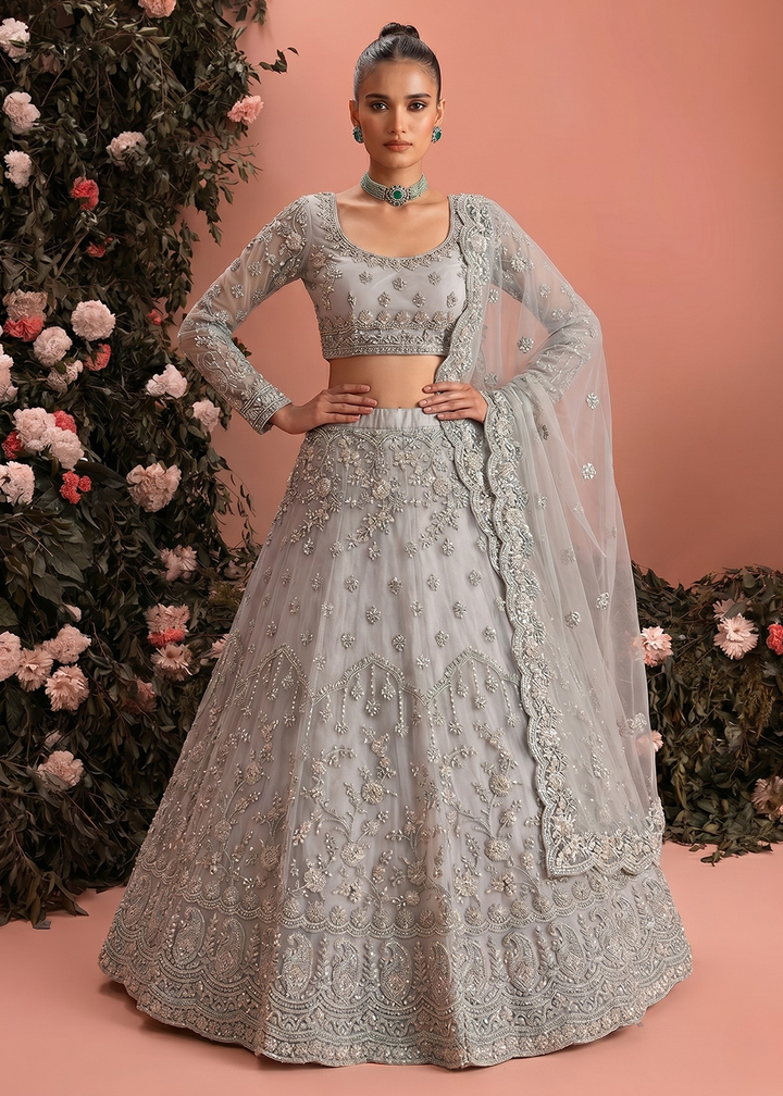 Buy Now Grey Butterfly Net Heavy Wedding Style Lehenga Choli Online in US, UK, Canada, France, Italy, Germany, Australia, Greece, UAE & Worldwide at Empress.