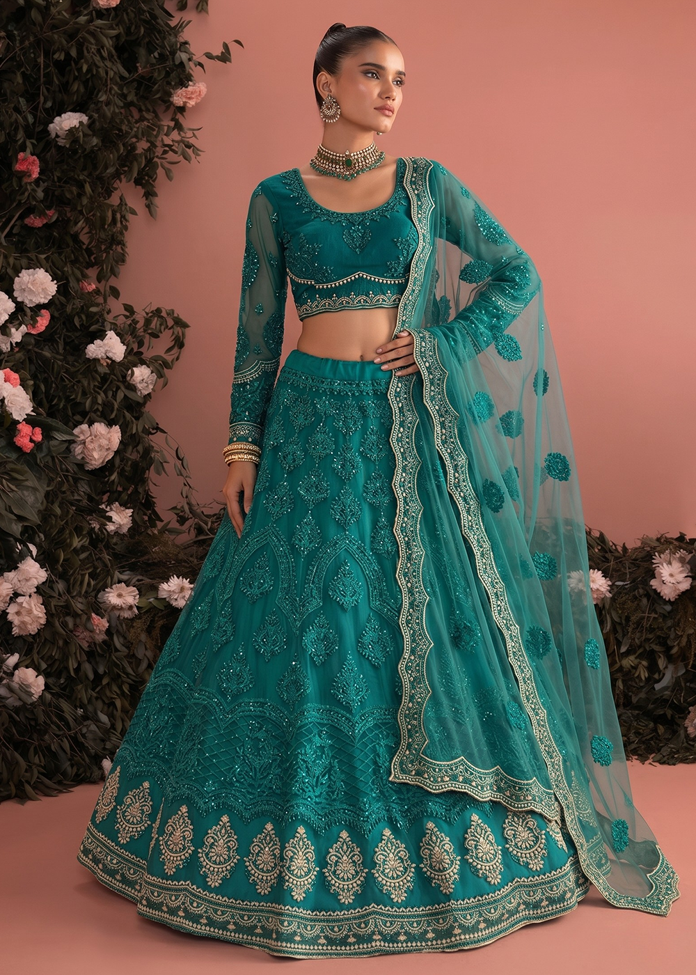 Buy Now Teal Butterfly Net Heavy Wedding Style Lehenga Choli Online in US, UK, Canada, France, Italy, Germany, Australia, Greece, UAE & Worldwide at Empress.