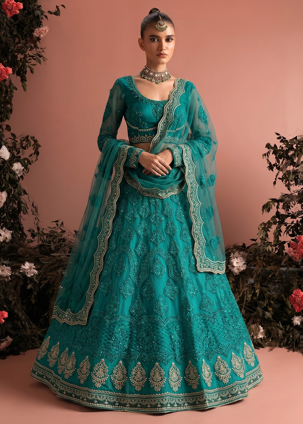 Buy Now Teal Butterfly Net Heavy Wedding Style Lehenga Choli Online in US, UK, Canada, France, Italy, Germany, Australia, Greece, UAE &amp; Worldwide at Empress.