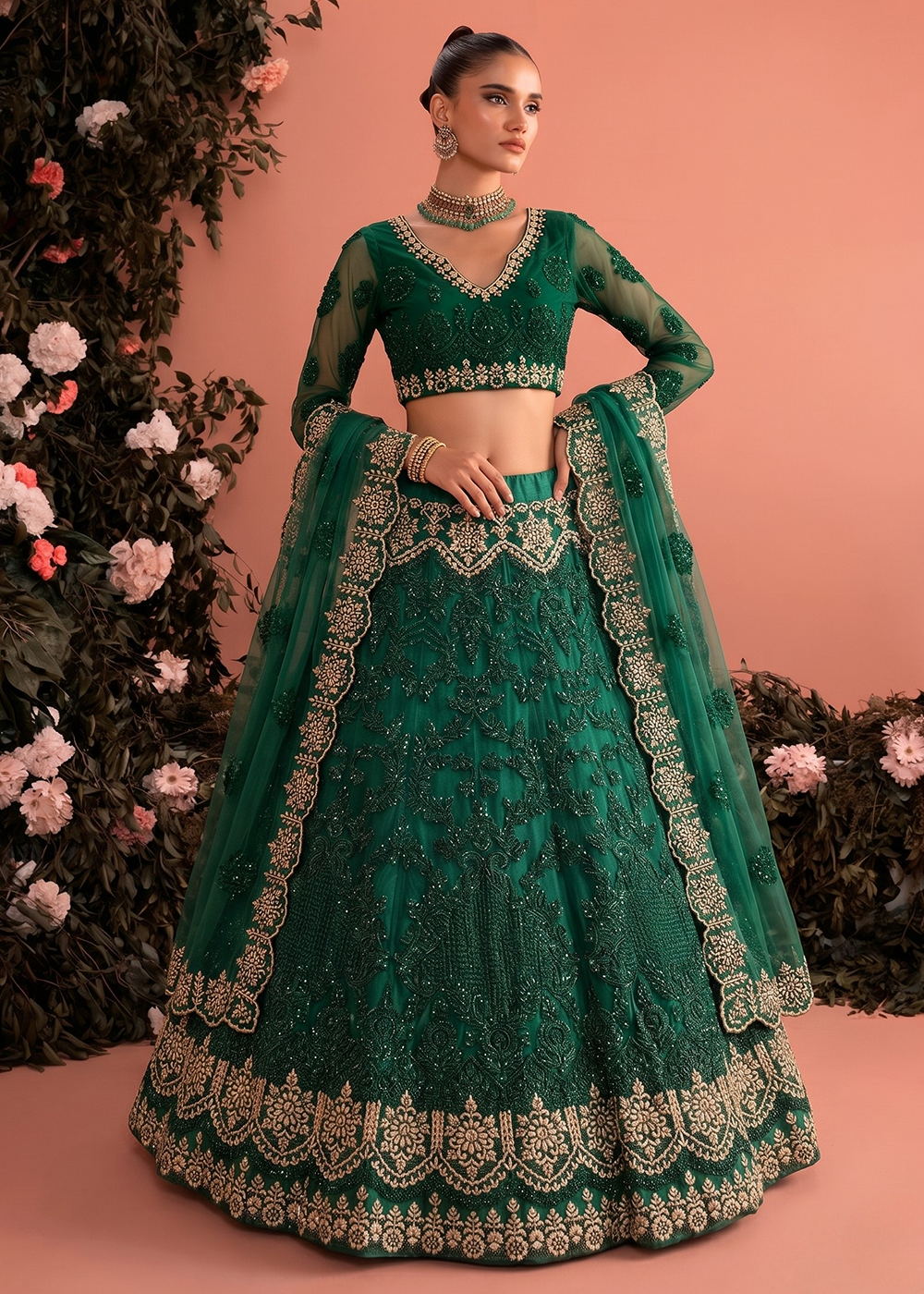 Buy Now Dark Green Butterfly Net Heavy Wedding Style Lehenga Choli Online in US, UK, Canada, France, Italy, Germany, Australia, Greece & Worldwide at Empress.