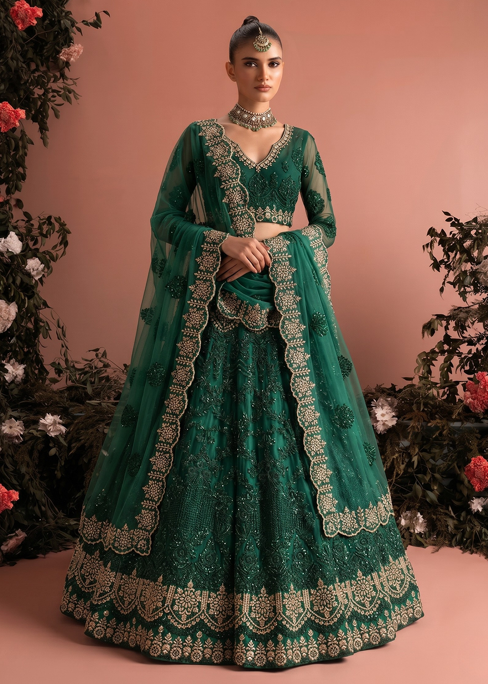 Buy Now Dark Green Butterfly Net Heavy Wedding Style Lehenga Choli Online in US, UK, Canada, France, Italy, Germany, Australia, Greece & Worldwide at Empress.