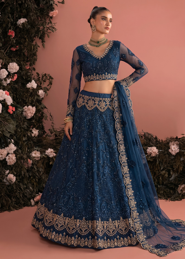Buy Now Blue Butterfly Net Heavy Wedding Style Lehenga Choli Online in US, UK, Canada, France, Italy, Germany, Australia, Greece, UAE & Worldwide at Empress.