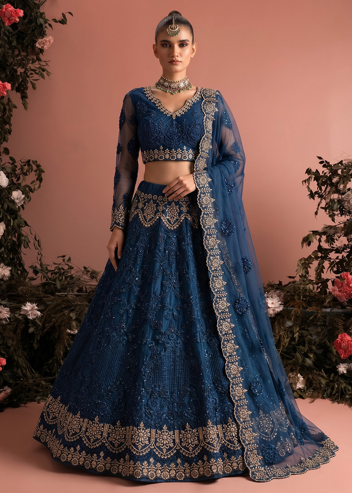 Buy Now Blue Butterfly Net Heavy Wedding Style Lehenga Choli Online in US, UK, Canada, France, Italy, Germany, Australia, Greece, UAE & Worldwide at Empress.