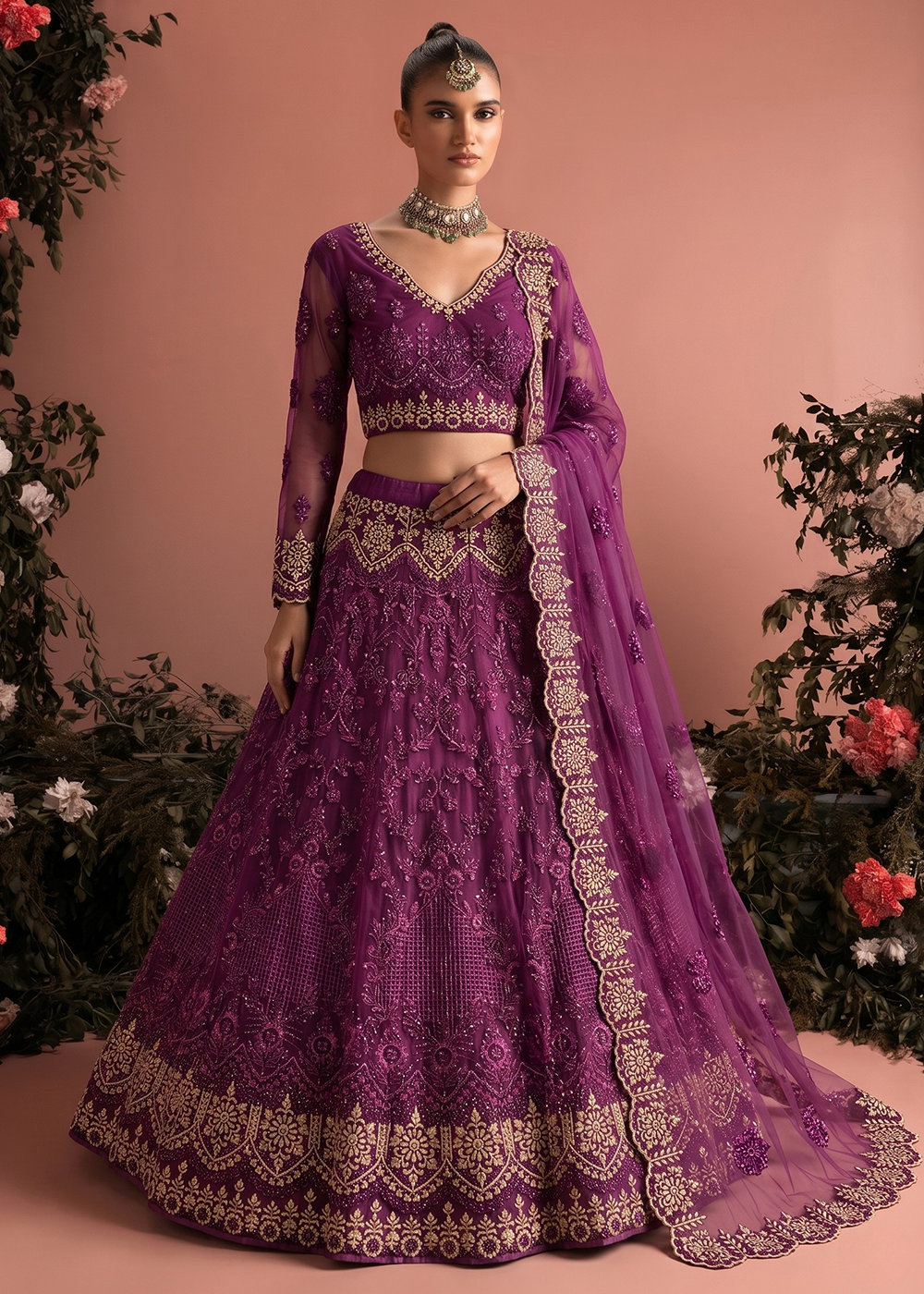Buy Now Purple Butterfly Net Heavy Wedding Style Lehenga Choli Online in US, UK, Canada, France, Italy, Germany, Australia, Greece, UAE & Worldwide at Empress.