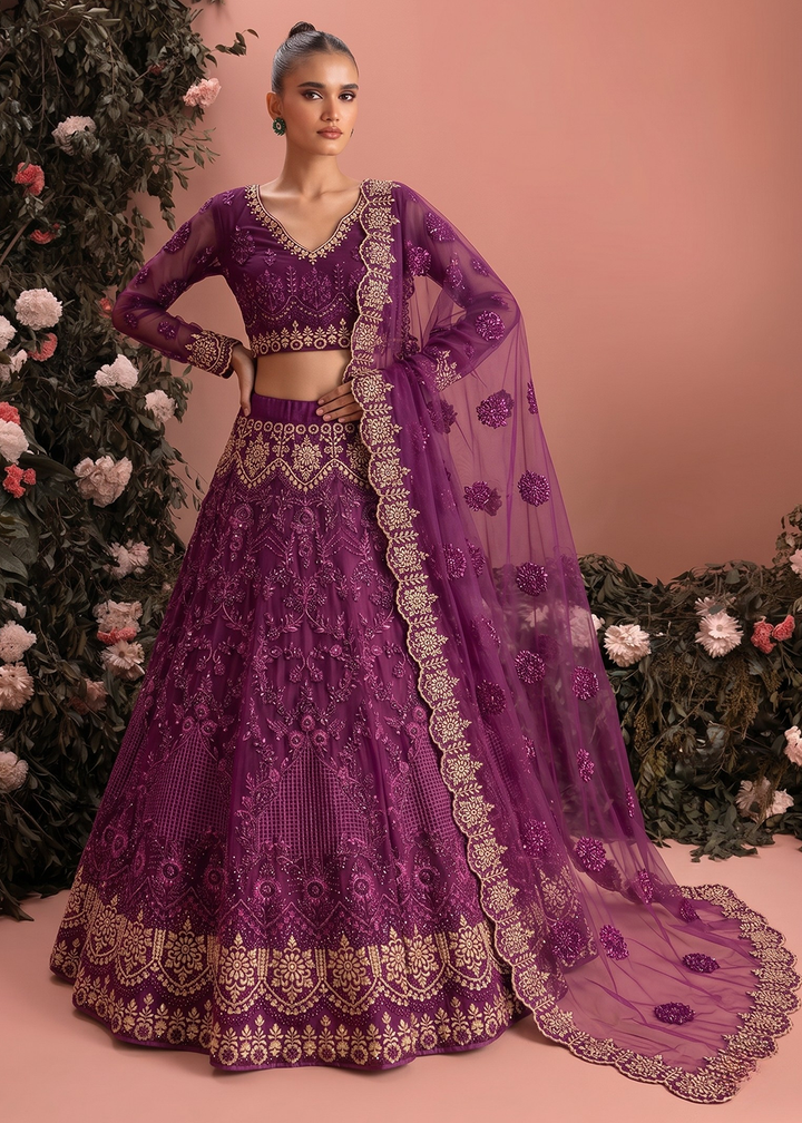 Buy Now Purple Butterfly Net Heavy Wedding Style Lehenga Choli Online in US, UK, Canada, France, Italy, Germany, Australia, Greece, UAE &amp; Worldwide at Empress.