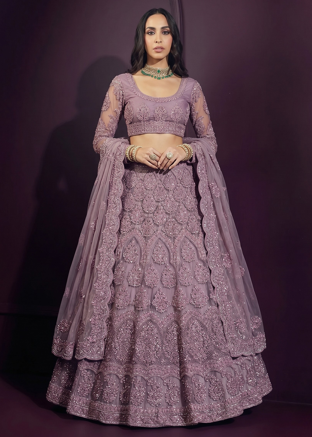 Buy Now Lavender Purple Net Embroidered Bridesmaids Lehenga Choli Online in US, UK, Canada, France, Italy, Greece, Sweden, Netherlands & Worldwide at Empress.