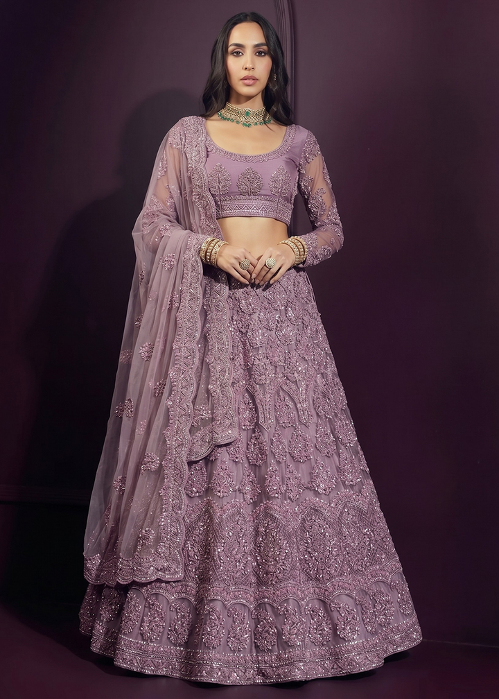 Buy Now Lavender Purple Net Embroidered Bridesmaids Lehenga Choli Online in US, UK, Canada, France, Italy, Greece, Sweden, Netherlands &amp; Worldwide at Empress.