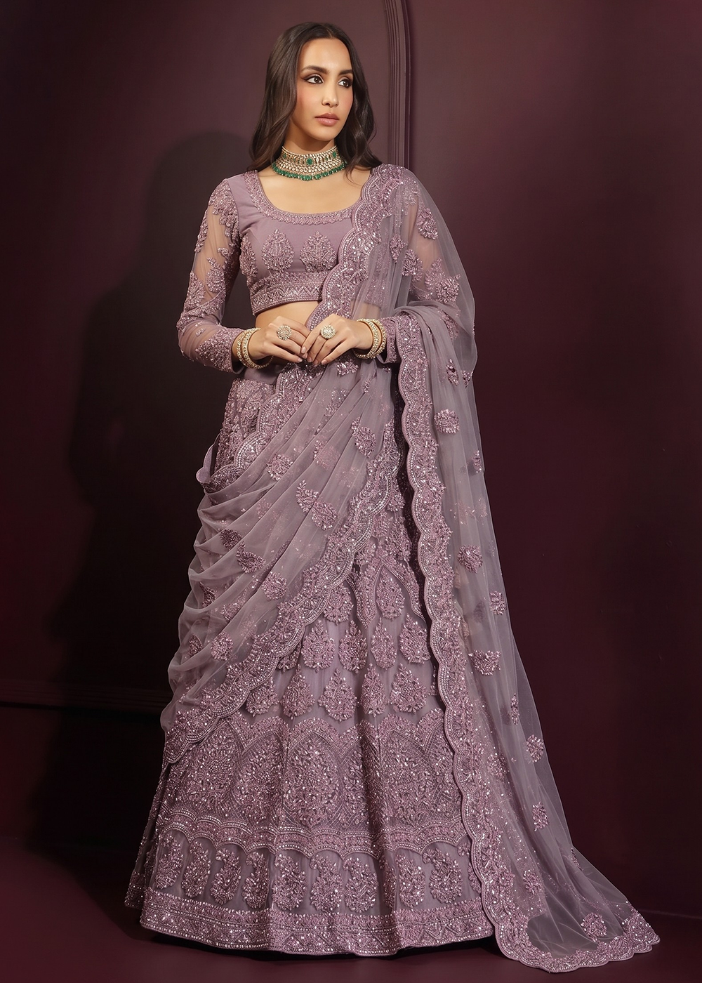 Buy Now Lavender Purple Net Embroidered Bridesmaids Lehenga Choli Online in US, UK, Canada, France, Italy, Greece, Sweden, Netherlands &amp; Worldwide at Empress.