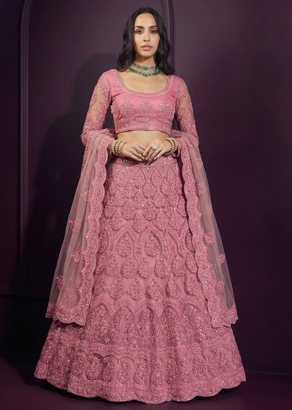 Buy Now Rose Pink Net Embroidered Bridesmaids Lehenga Choli Online in US, UK, Canada, France, Italy, Greece, Sweden, Netherlands, UAE &amp; Worldwide at Empress.