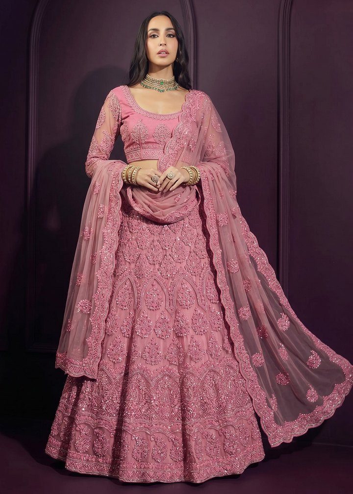 Buy Now Rose Pink Net Embroidered Bridesmaids Lehenga Choli Online in US, UK, Canada, France, Italy, Greece, Sweden, Netherlands, UAE &amp; Worldwide at Empress.