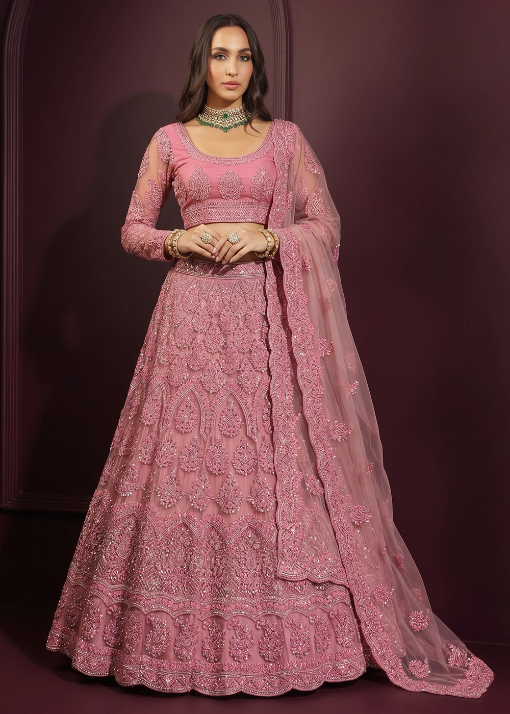 Buy Now Rose Pink Net Embroidered Bridesmaids Lehenga Choli Online in US, UK, Canada, France, Italy, Greece, Sweden, Netherlands, UAE &amp; Worldwide at Empress.