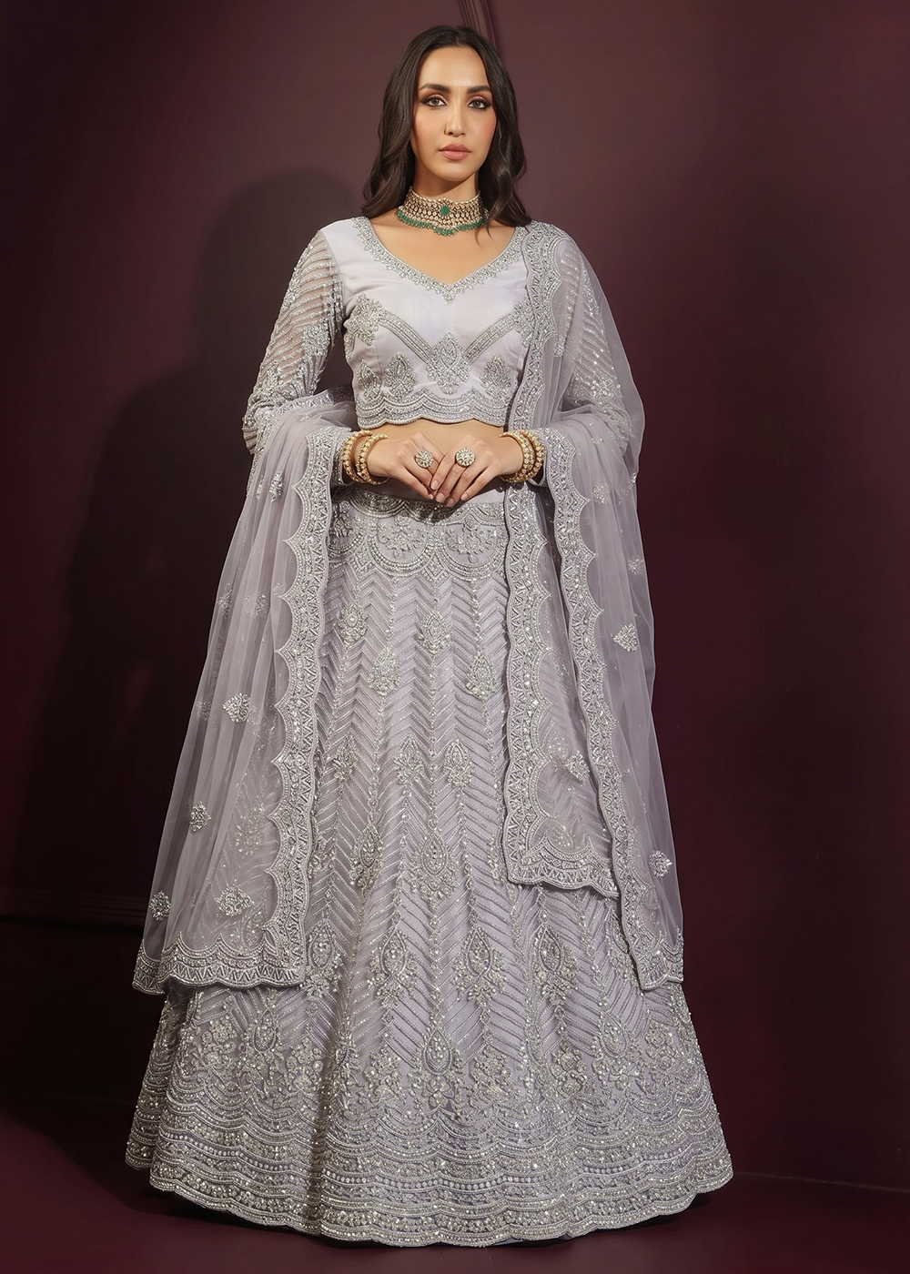 Buy Now Pastrel Lilac Net Embroidered Bridesmaids Lehenga Choli Online in US, UK, Canada, France, Italy, Greece, Sweden, Netherlands, UAE &amp; Worldwide at Empress