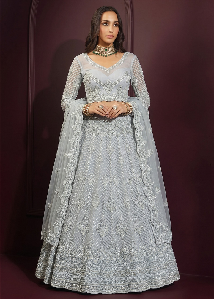 Buy Now Greyish Blue Net Embroidered Bridesmaids Lehenga Choli Online in US, UK, Canada, France, Italy, Greece, Sweden, Netherlands, UAE &amp; Worldwide at Empress.