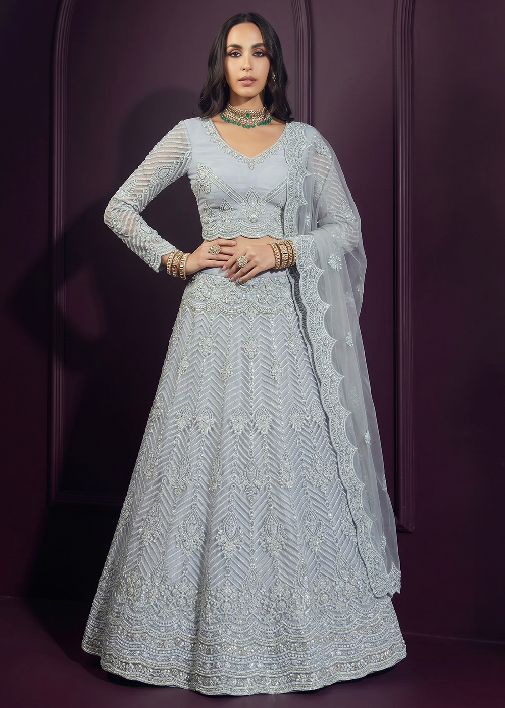 Buy Now Greyish Blue Net Embroidered Bridesmaids Lehenga Choli Online in US, UK, Canada, France, Italy, Greece, Sweden, Netherlands, UAE &amp; Worldwide at Empress.