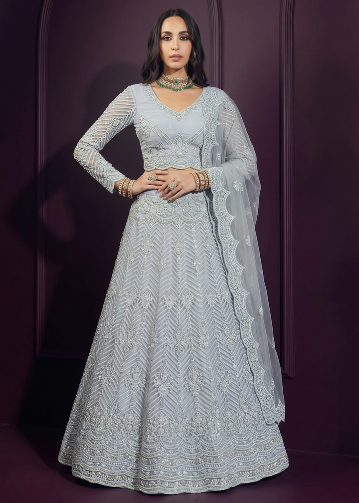 Buy Now Greyish Blue Net Embroidered Bridesmaids Lehenga Choli Online in US, UK, Canada, France, Italy, Greece, Sweden, Netherlands, UAE &amp; Worldwide at Empress.