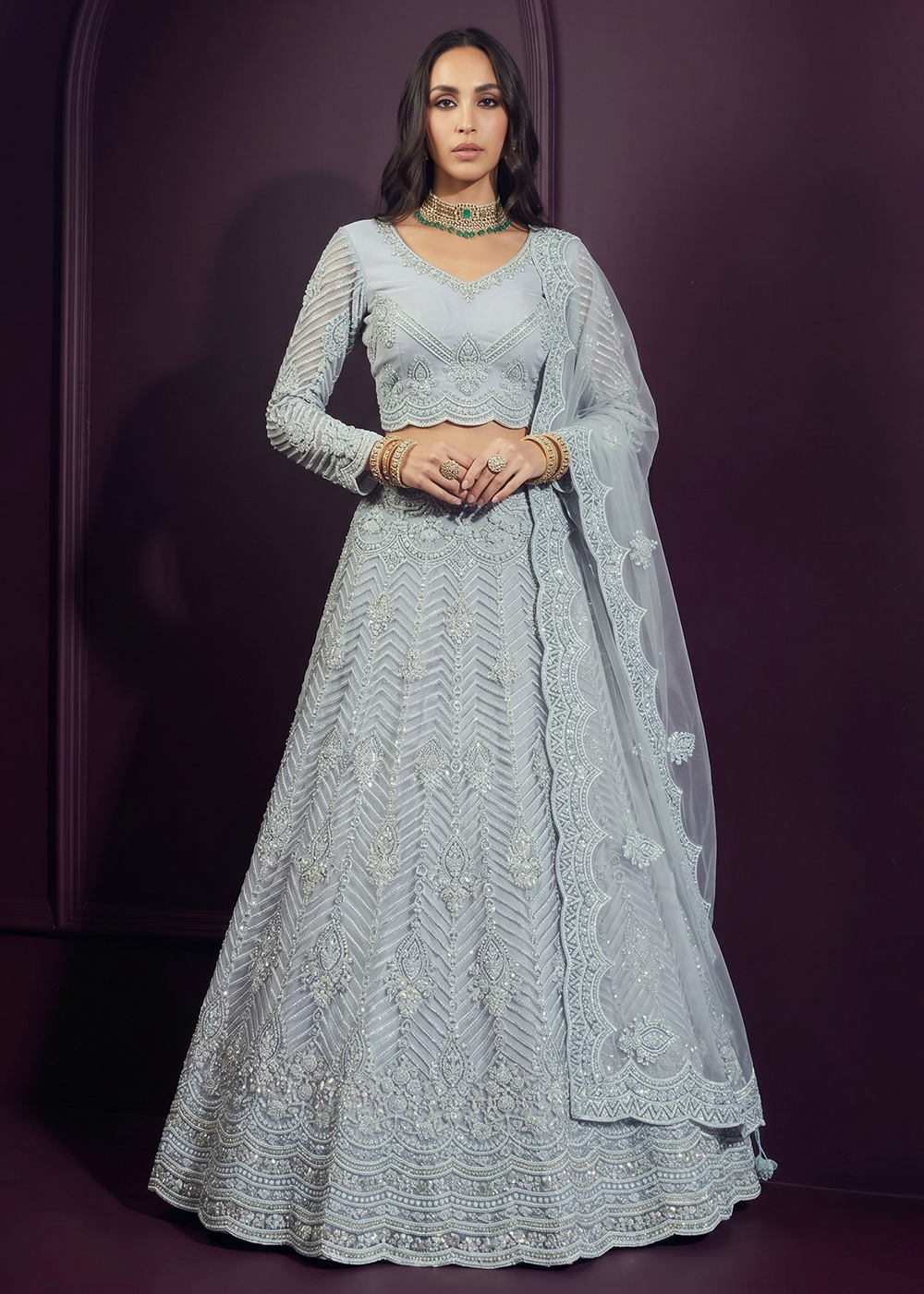 Buy Now Greyish Blue Net Embroidered Bridesmaids Lehenga Choli Online in US, UK, Canada, France, Italy, Greece, Sweden, Netherlands, UAE &amp; Worldwide at Empress.