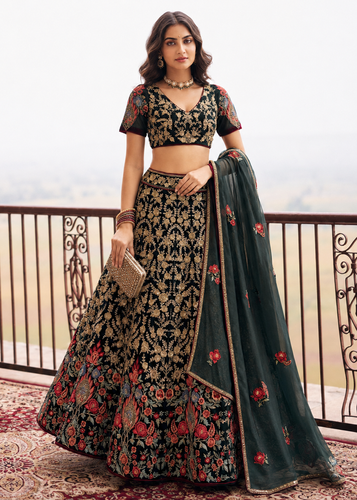 Buy Now Great Black Embroidered Stylist Wedding Lehenga Choli Online in US, UK, Canada, France, Italy, Germany, Sweden, Austria, UAE &amp; Worldwide at Empress.