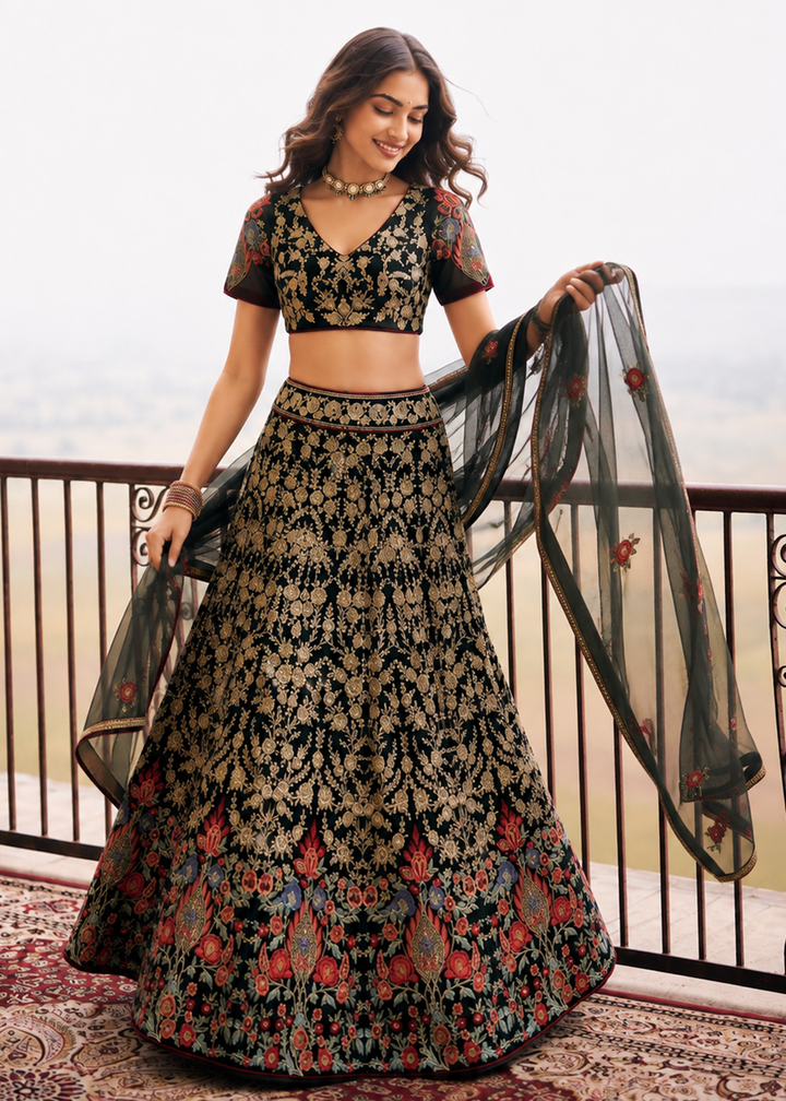 Buy Now Great Black Embroidered Stylist Wedding Lehenga Choli Online in US, UK, Canada, France, Italy, Germany, Sweden, Austria, UAE &amp; Worldwide at Empress.