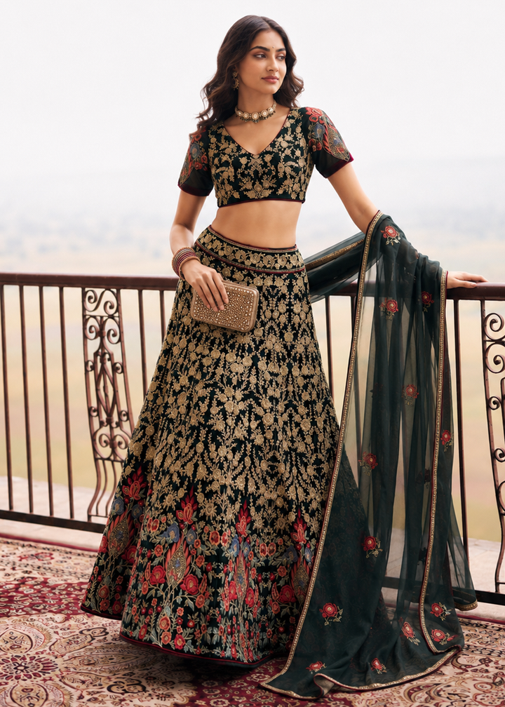 Buy Now Great Black Embroidered Stylist Wedding Lehenga Choli Online in US, UK, Canada, France, Italy, Germany, Sweden, Austria, UAE &amp; Worldwide at Empress.