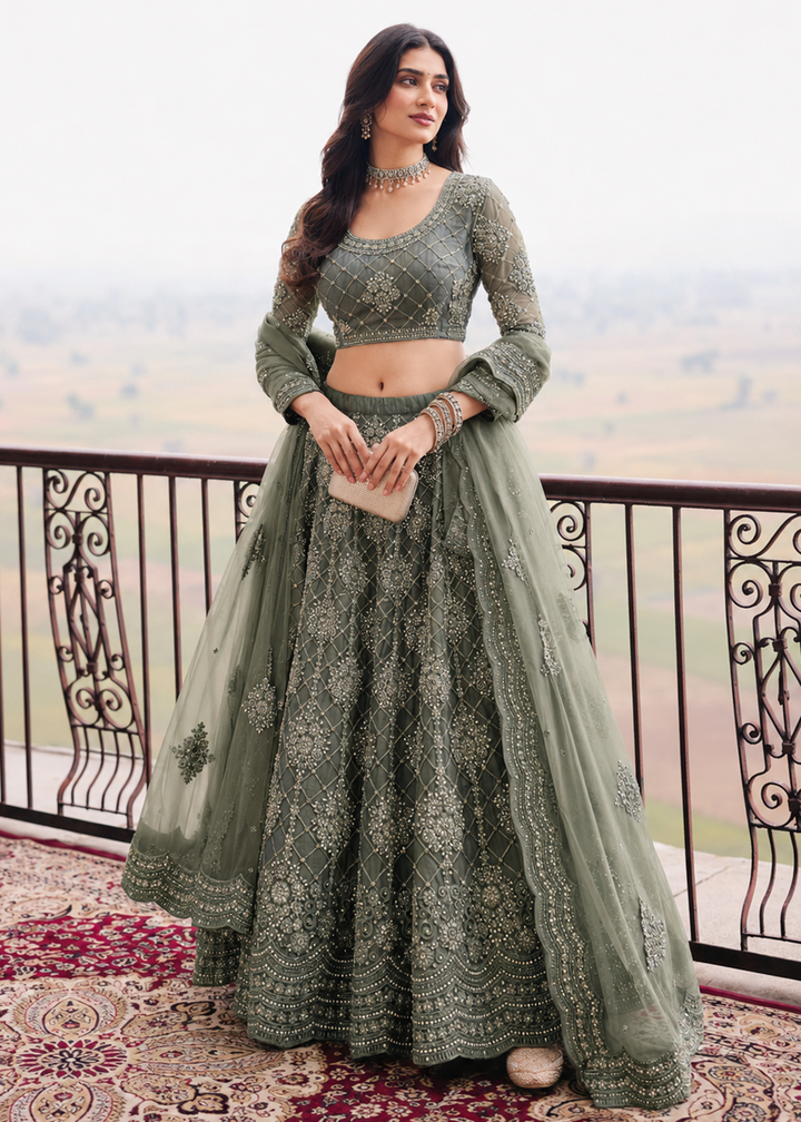 Buy Now Great Green Embroidered Stylist Wedding Lehenga Choli Online in US, UK, Canada, France, Italy, Germany, Sweden, Austria, Greece &amp; Worldwide at Empress.